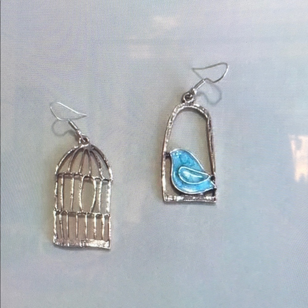 Silver Bird Cage Earrings with Blue Bird